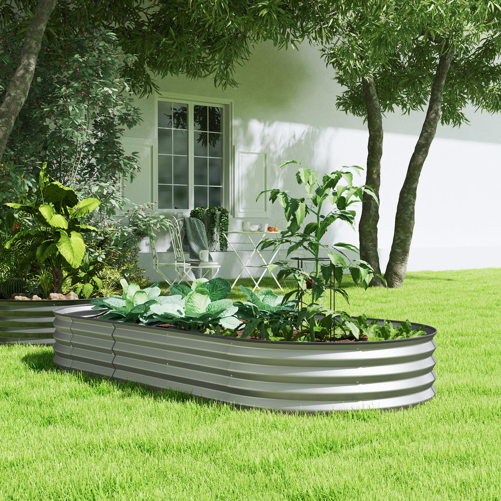 7' x 3' x 1' Large Outdoor Planter Box, Galvanized Raised Garden Bed with Metal Plant Stake, Silver