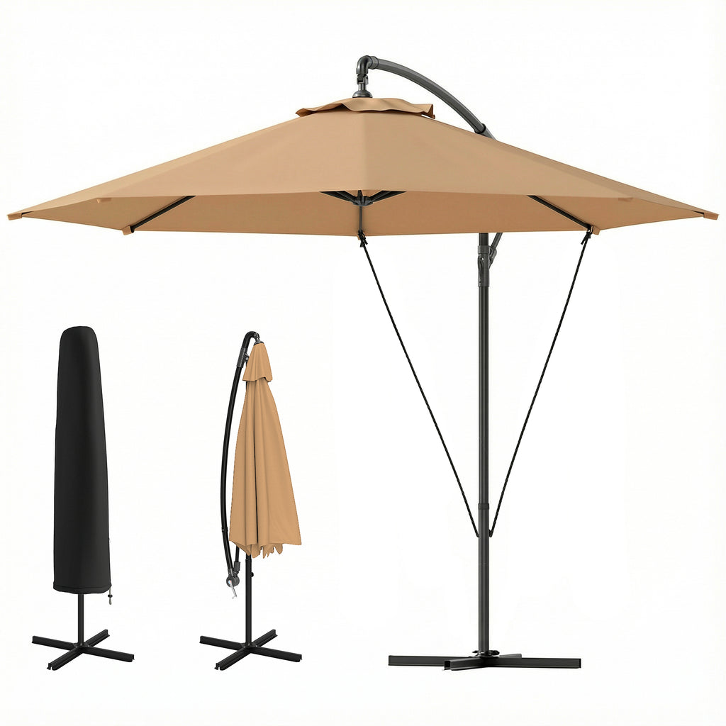 9.5' Cantilever Umbrella with Wind Protection Strap and Cover, Hanging Umbrella with Crank and Cross Base, Khaki