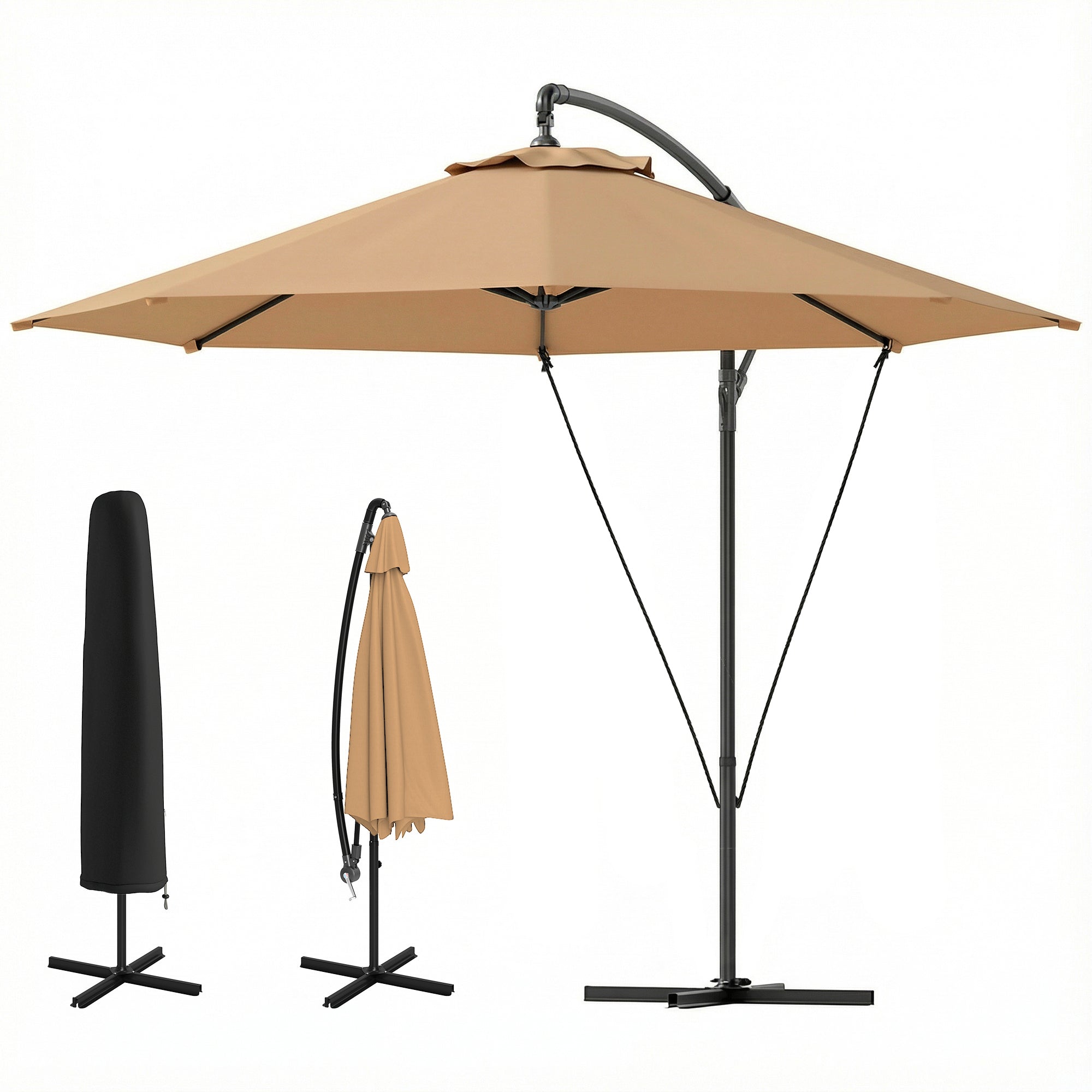 9.5' Cantilever Umbrella with Wind Protection Strap and Cover, Hanging Umbrella with Crank and Cross Base, Khaki