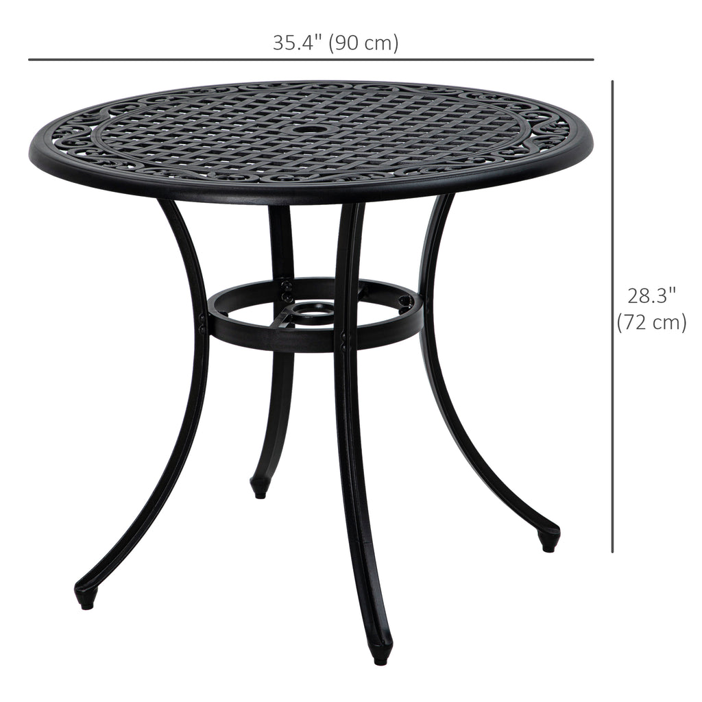 35.5" Round Outdoor Dining Table for 2-4, Cast Aluminum Garden Patio Table with 2" Umbrella Hole, Grid Top, Black