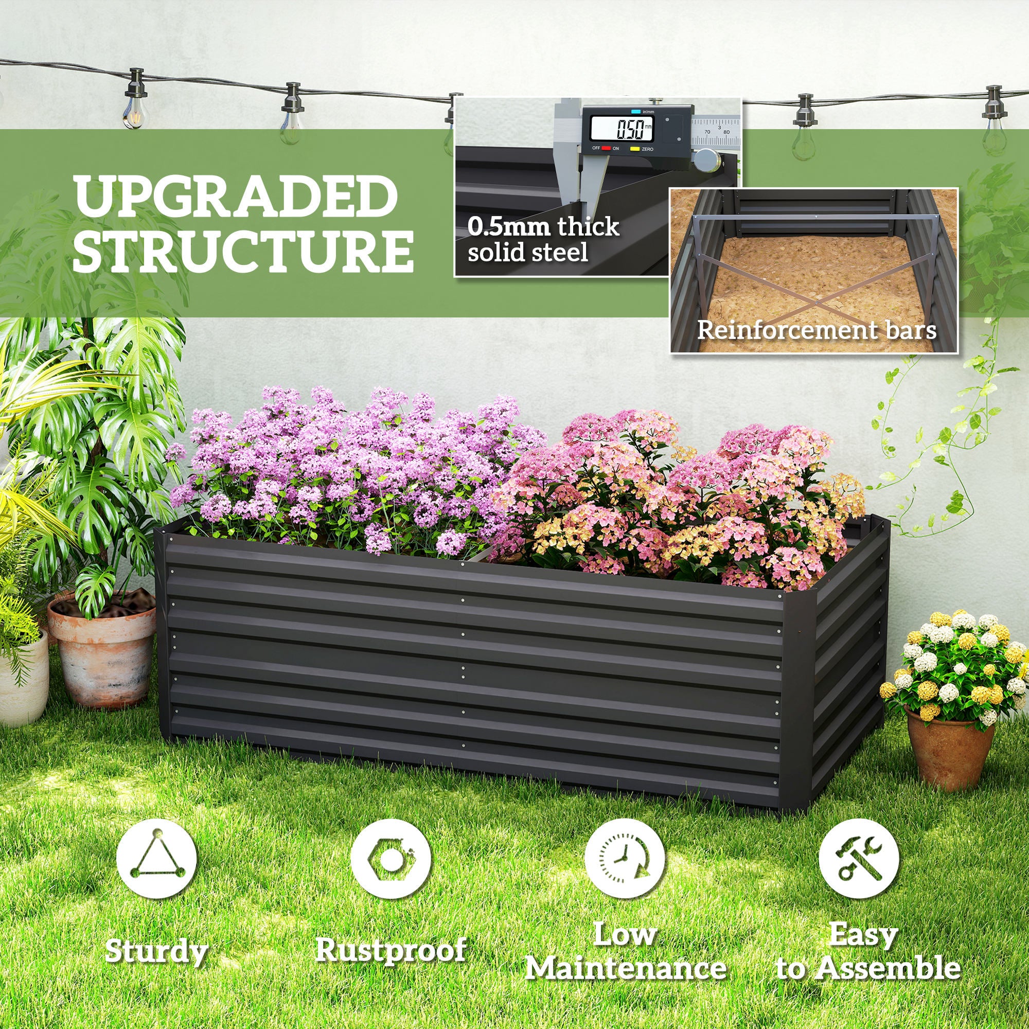 Galvanized Raised Garden Bed, Steel Outdoor Planters with Reinforced Rods, 71" x 35" x 23", Black