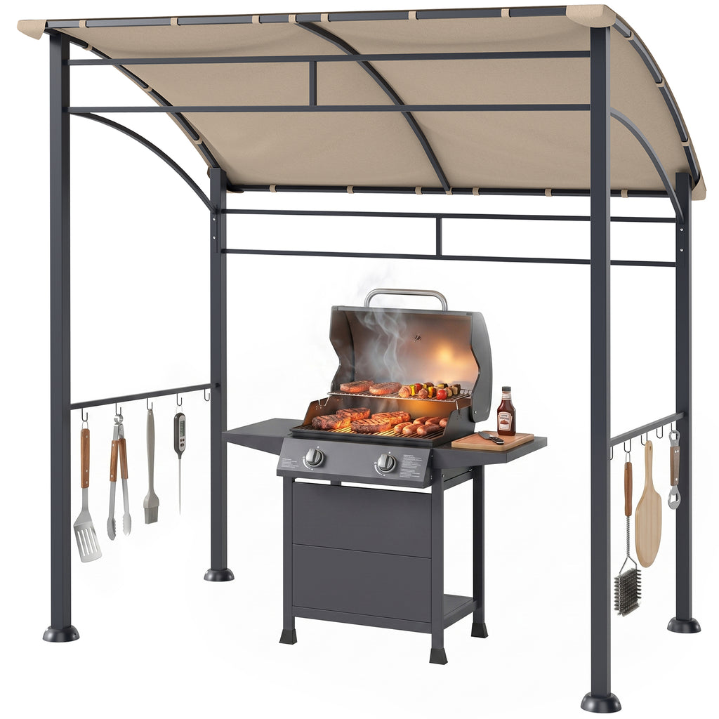 7' x 5' BBQ Grill Gazebo Tent, Garden Grill Canopy with Steel Frame and Hooks, Outdoor Sun Shade, Khaki