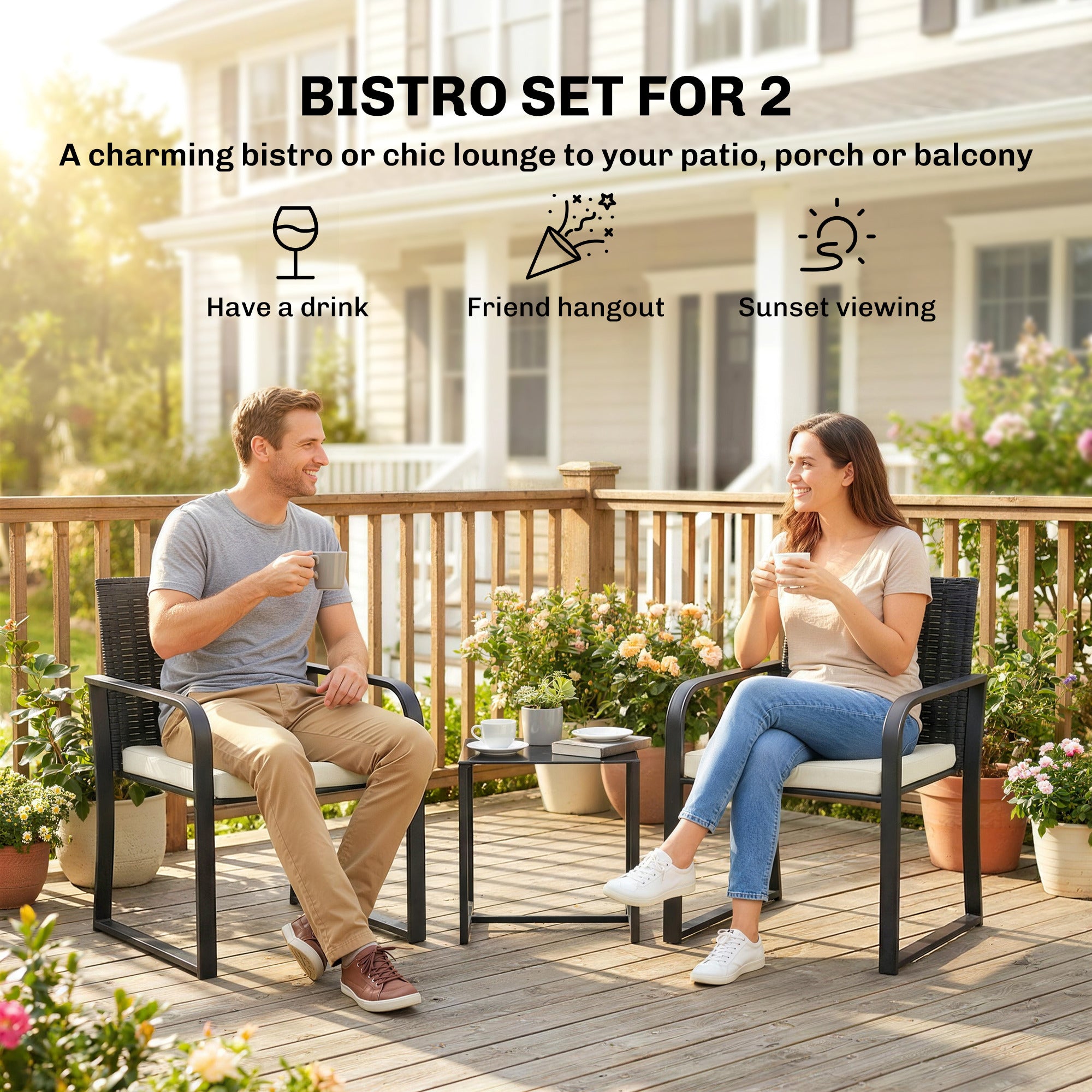 Outdoor Bistro Set, 3 Piece Wicker Patio Furniture with Mesh Seat, Glass Table, Cushions for Porch, Balcony, Cream White