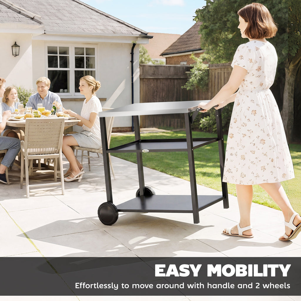 Outdoor Grill Cart with Stainless Steel Top, Three-Tier Pizza Oven Stand, BBQ Cart on Wheels, Black