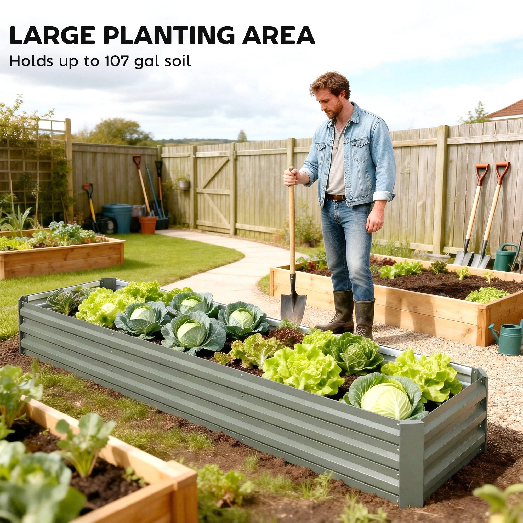 8'x2'x1' Galvanized Raised Bed, Large Elevated Planter Box for Growing Flowers, Herbs and Vegetables, Light Grey