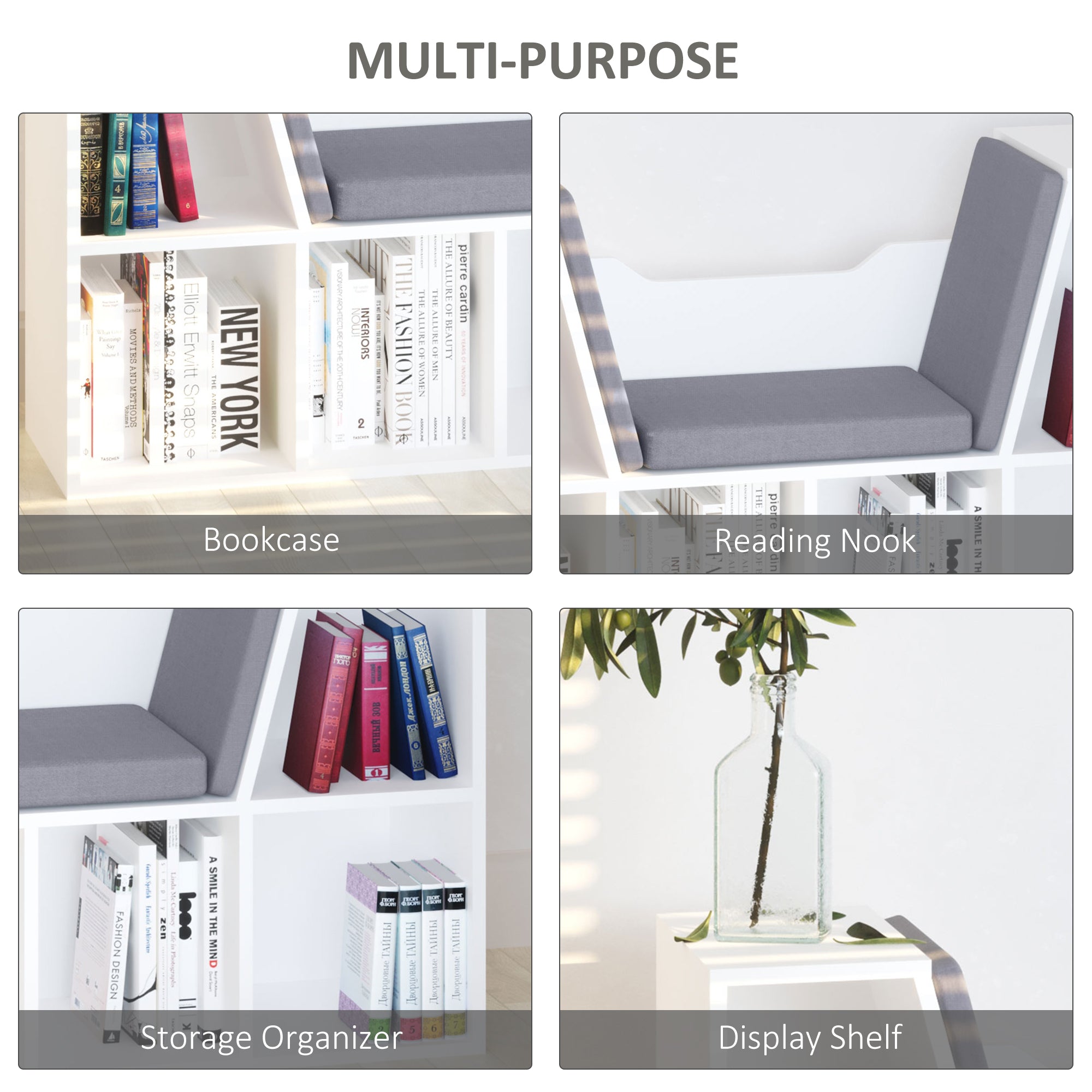 6-Cubby Bookcase with Seat Cushion, Cube Storage Shelf with Reading Nook for Home Office, Study, Grey