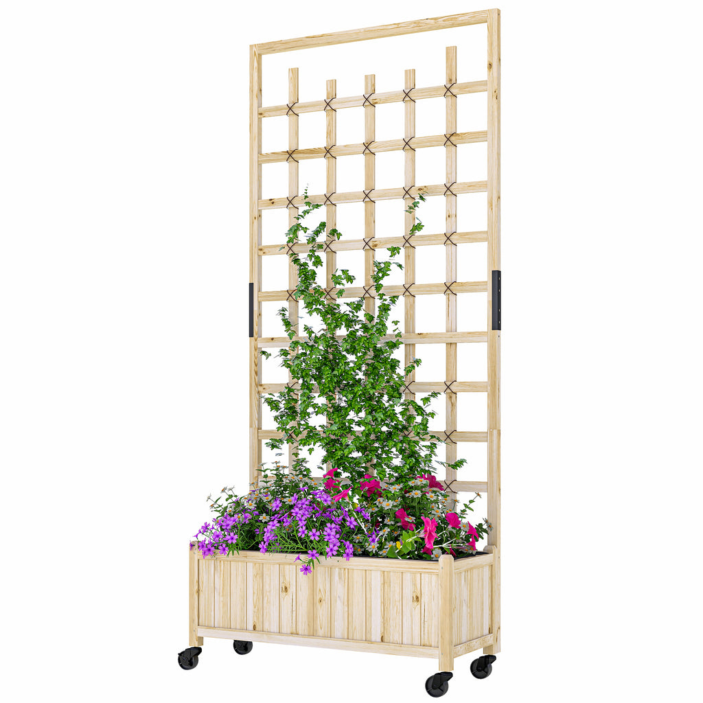 Wooden Planter with Trellis, Raised Garden Bed with Wheels, Drainage Holes for Climbing Plants, Flowers, Nature Wood