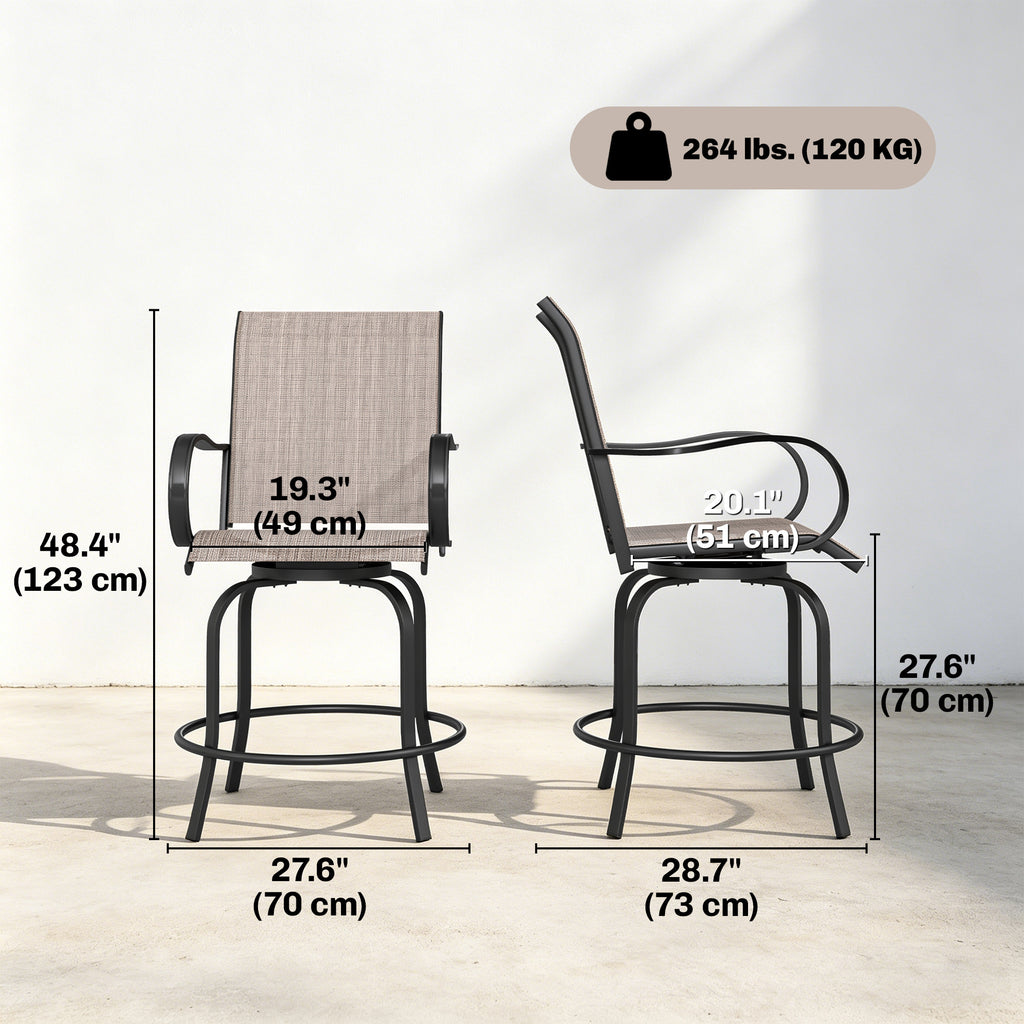 Outdoor Bar Stools Set of 2, 360Â° Swivel Bar Height Chairs, 26.8" x 29.5" x 48.4", Tan