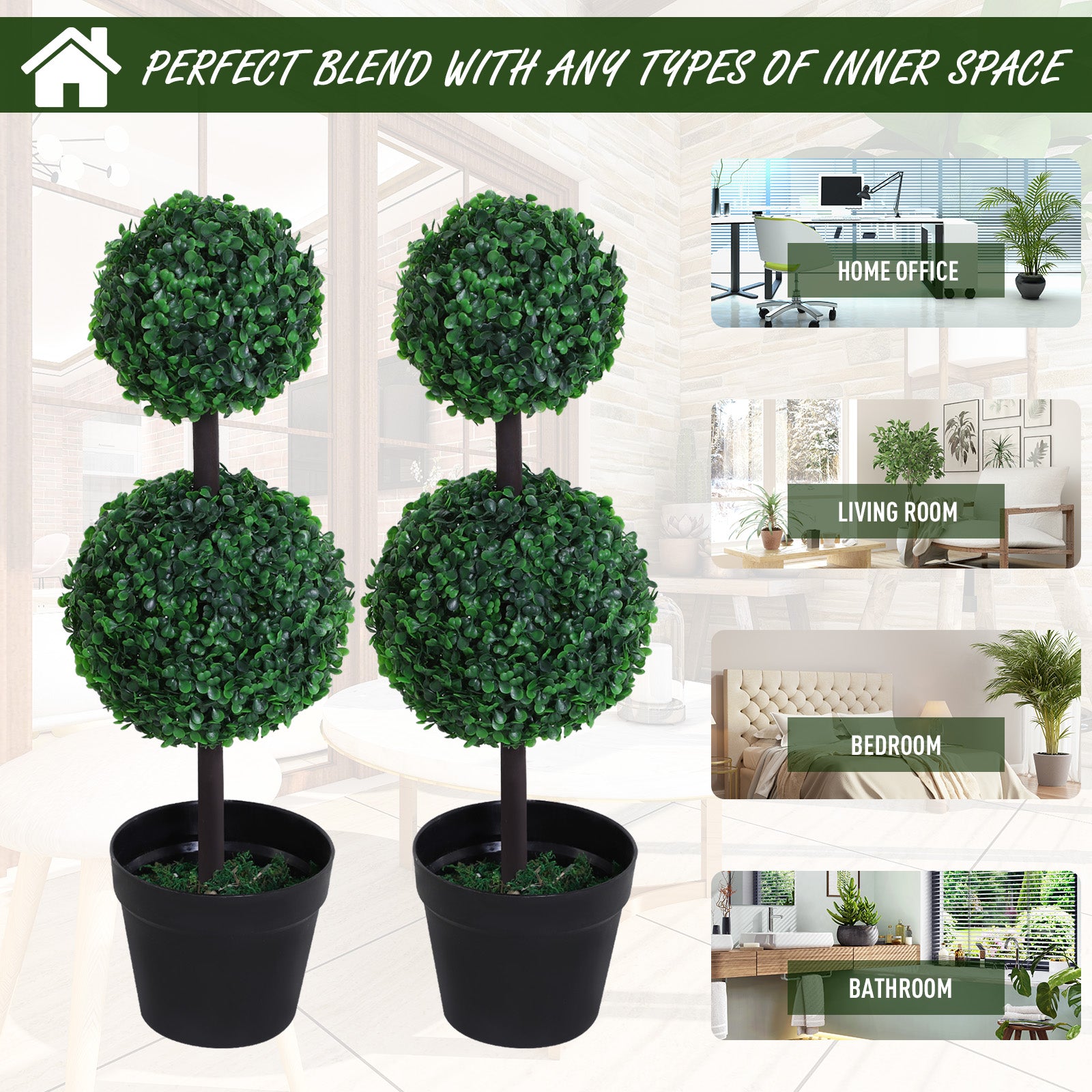 2 Ball Topiary Tree in Pot for Home Decor, Artificial Plant for Home Office, Living Room Decor, Dark Green
