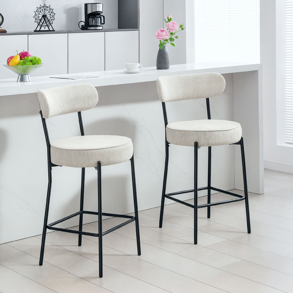 Set of 2 Barstools, Upholstered Corduroy Bar Stools with Backrest, Footrest for Kitchen Island, Dining Room, Cream White