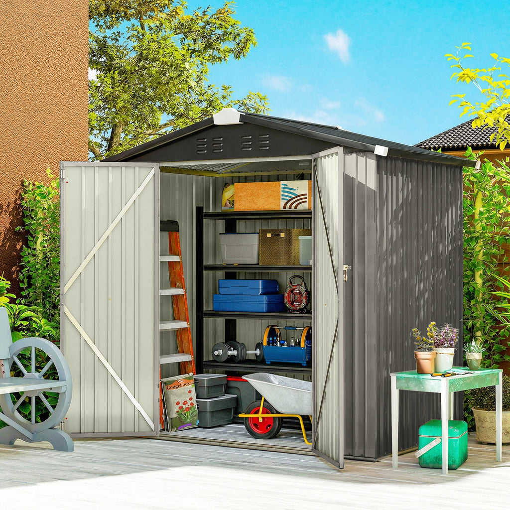 6.5' x 4'  Outdoor Storage Shed, Metal Garden Shed with Lockable Double Doors, 4 Vents, Light Grey