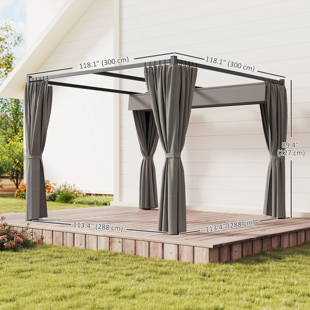 10' x 10' Retractable Pergola Canopy with Sidewalls, Metal Outdoor Gazebo Sun Shade Shelter, Light Grey