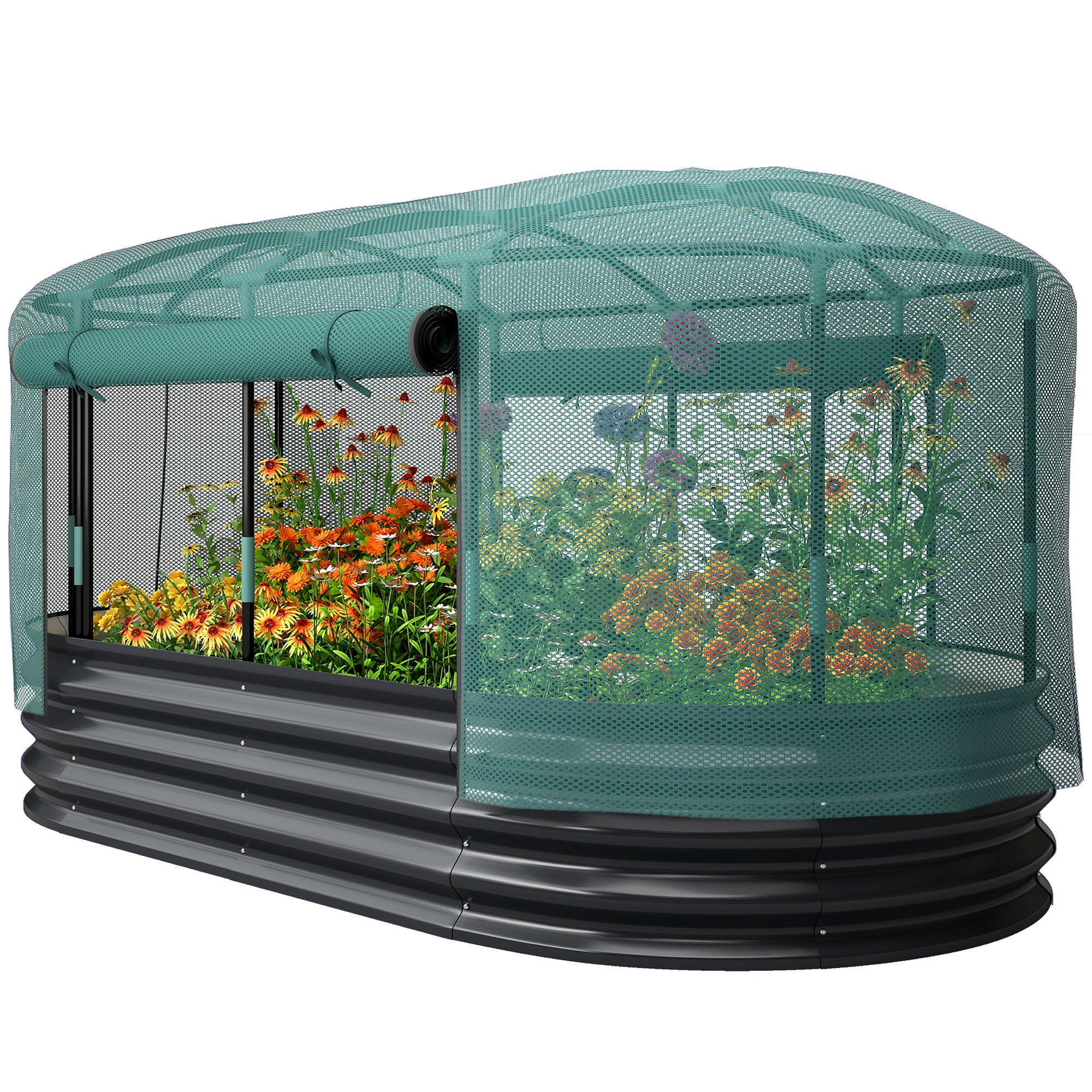 Galvanized Raised Garden Bed with Crop Cage and Watering System, 6' x 3' Outdoor Planter Box, Dark Grey