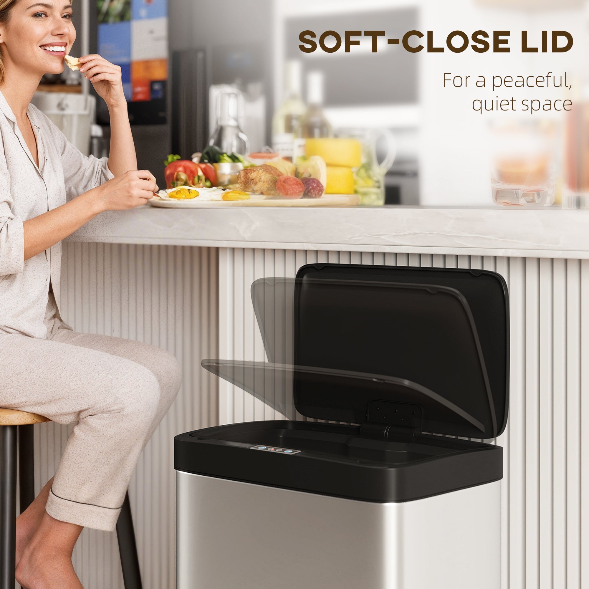 12 Gallon (45 L) Sensor Can, Automatic Garbage Can with Soft-Close Lid, Fingerprint-Proof Stainless Steel, Silver
