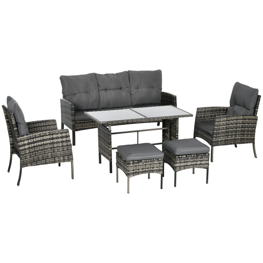 6-Piece Outdoor Patio Furniture Set with Chairs, Ottomans, Sofa, Glass Top Coffee Table and Cushions, Wicker Rattan Conversation Set for Backyard and Porch, Grey