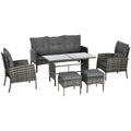 6-Piece Outdoor Patio Furniture Set with Chairs, Ottomans, Sofa, Glass Top Coffee Table and Cushions, Wicker Rattan Conversation Set for Backyard and Porch, Grey