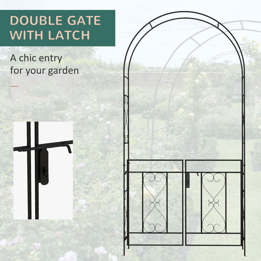 7.6FT Metal Garden Arch with Gate, Garden Arbor Trellis for Climbing Plants, Roses, Vines, Wedding Arch, Black
