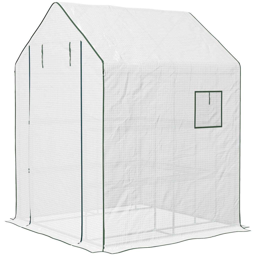 Portable Greenhouse, Walk-In Small Outdoor Green House with 2 Tier U-Shaped Flower Rack Shelves, 4.6' x 4.7', White