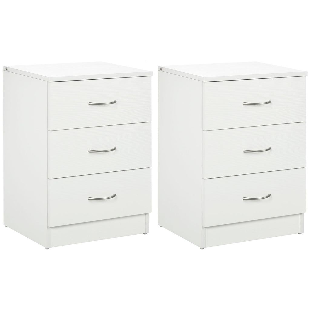 Bedside Table with 3 Drawers, Modern Wood Nightstand, Side Table with Anti-tipping Design for Bedroom, Set of 2, White