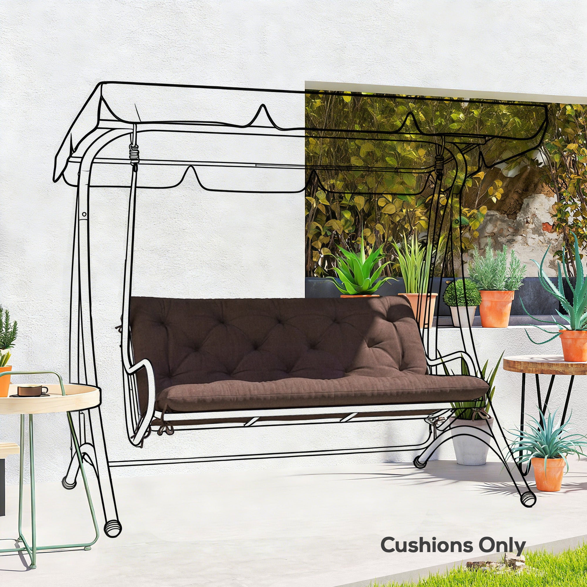 2 Seater Garden Bench Cushion, Soft Thick Outdoor Non-Slip 2 Seater Soft Pad With Backrest, 47" x 43" x 4", Coffee