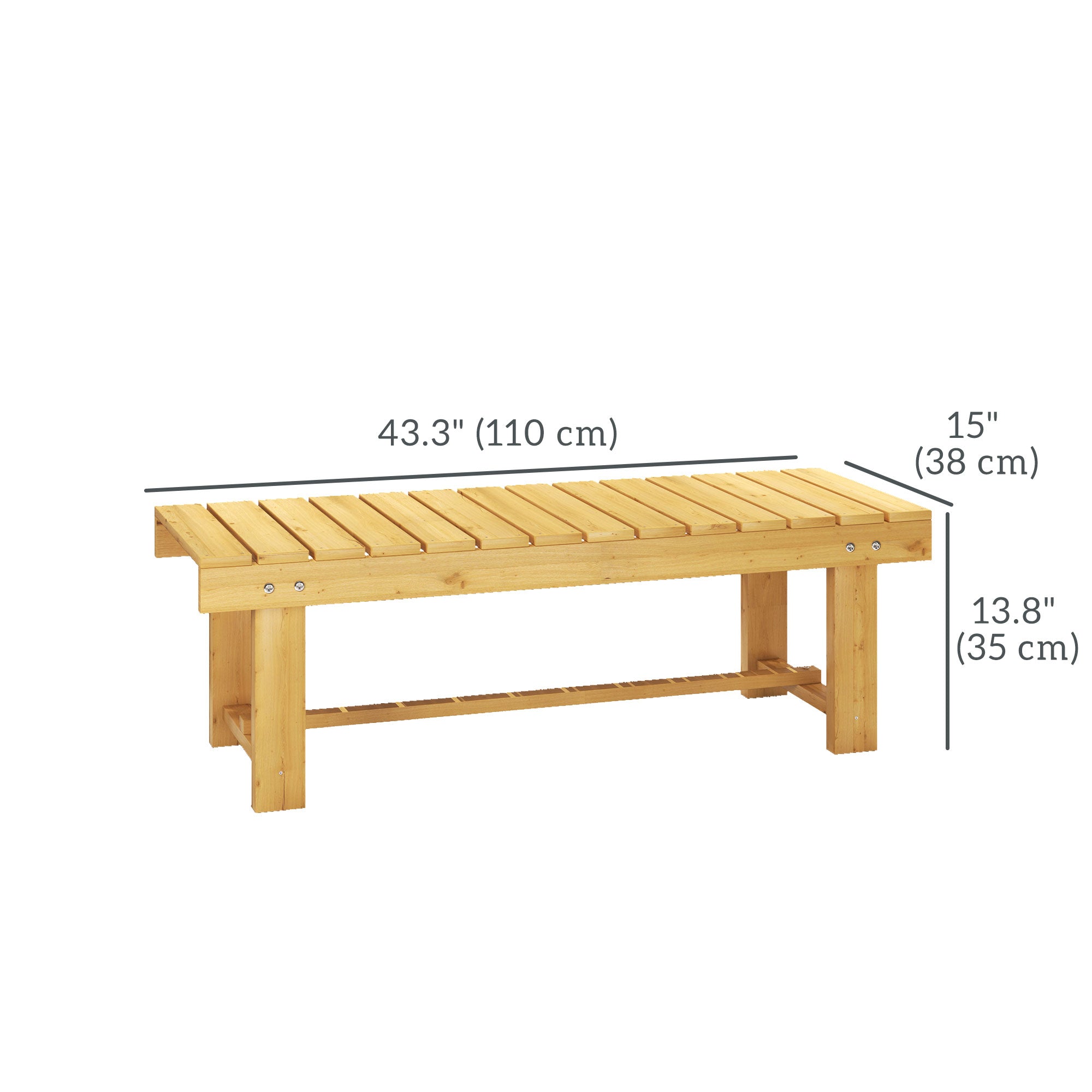 43" Wood Outdoor Bench, 2 Person Patio Bench, Backless Outdoor Patio Loveseat with Slatted Seat for Park, Backyard, Lawn, Natural Wood