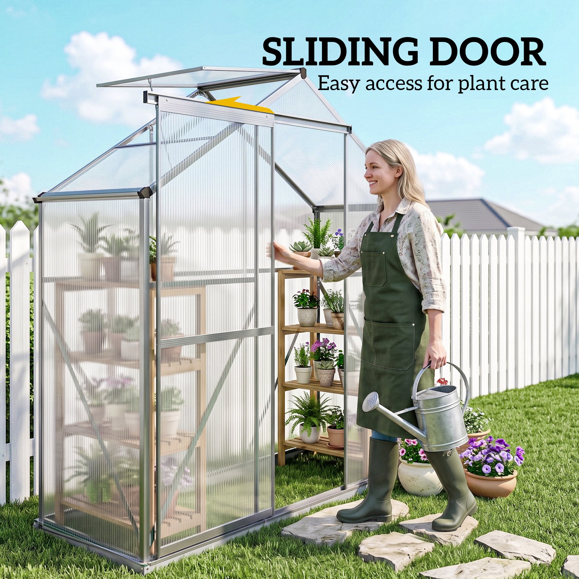 6' x 2.5' Walk-in Polycarbonate Greenhouse Aluminium Green House with Sliding Door, 5-Level Roof Vent, Rain Gutter