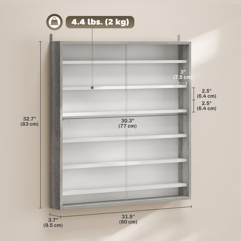 7-Tier Display Cabinet, Shot Glass Display Case, Glass Curio Cabinet with 2 Glass Doors and 6 Adjustable Shelves, Grey
