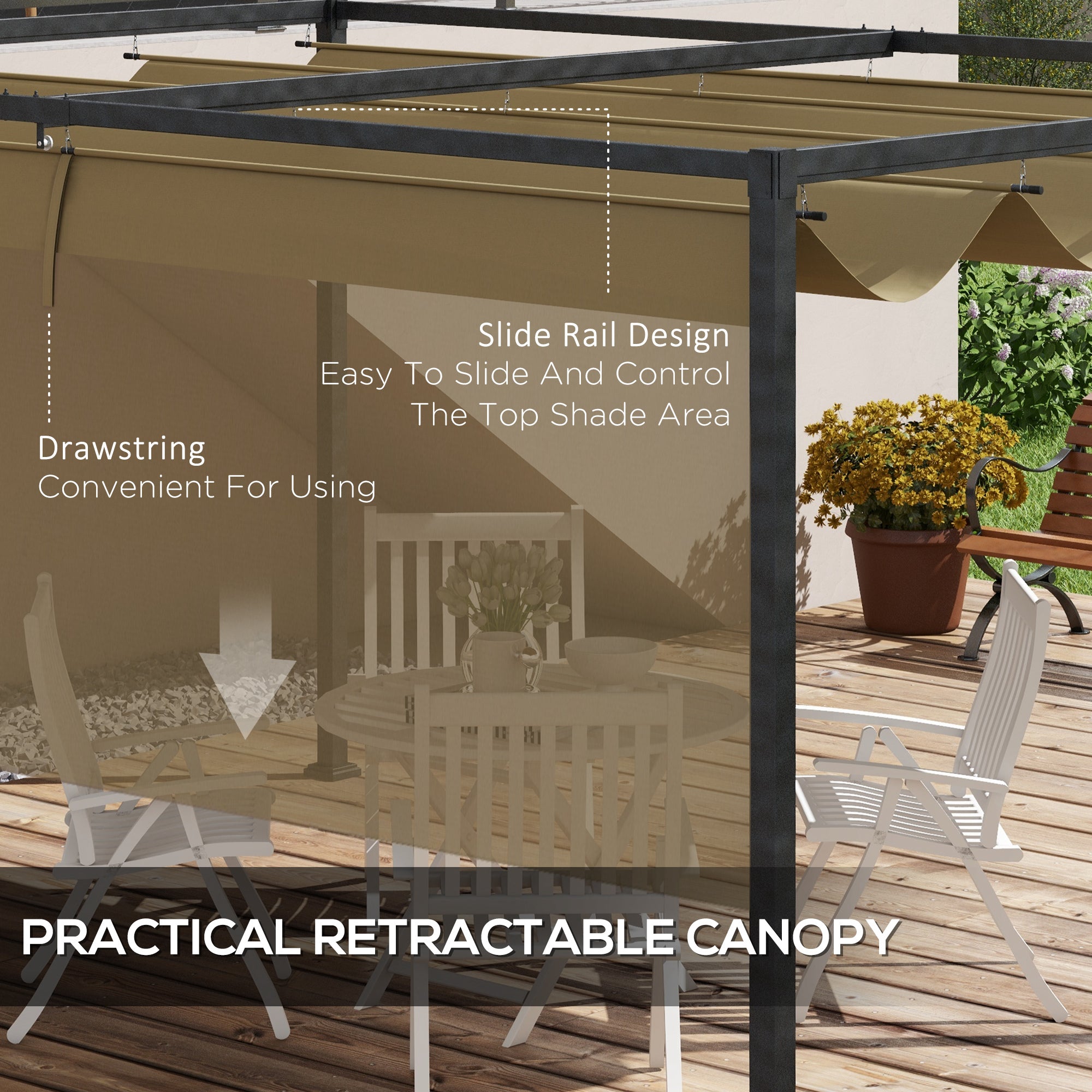 13' x 10' Patio Pergola with Retractable Canopy, Outdoor Sun Shelter, Yard Shade, Khaki