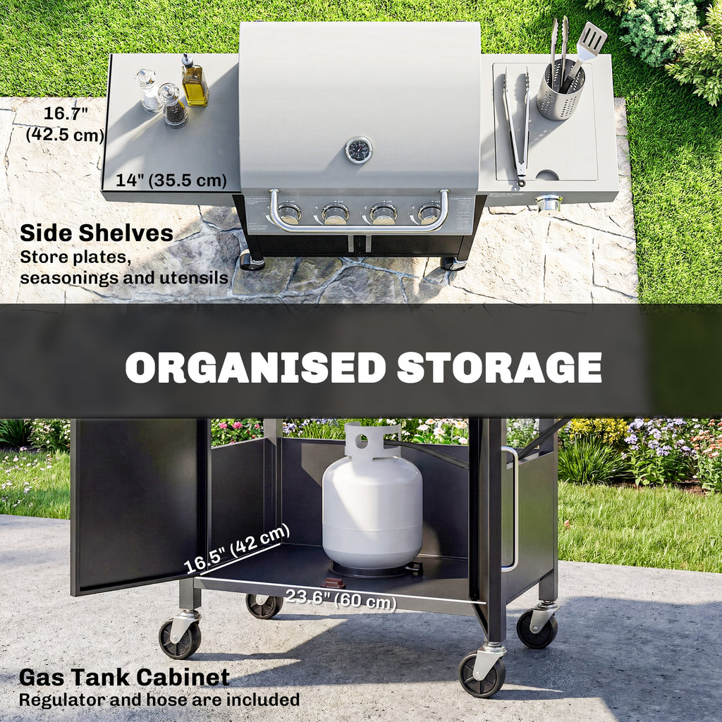 4+1 Burner Liquid Propane Gas Grill, Outdoor Portable BBQ Grill with Side Burner, Warming Rack, Side Shelf