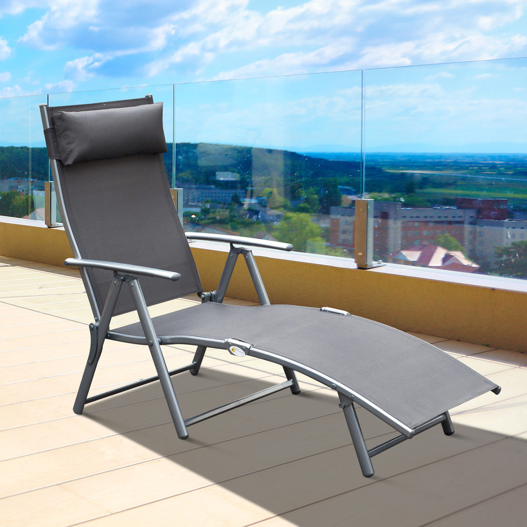 Heavy-duty Adjustable Folding Reclining Chair Outdoor Sun Lounger Patio Chaise Lounge Garden Beach Gravity Lounge with Pillow, 7 Adjustable Backrest Positions, Grey