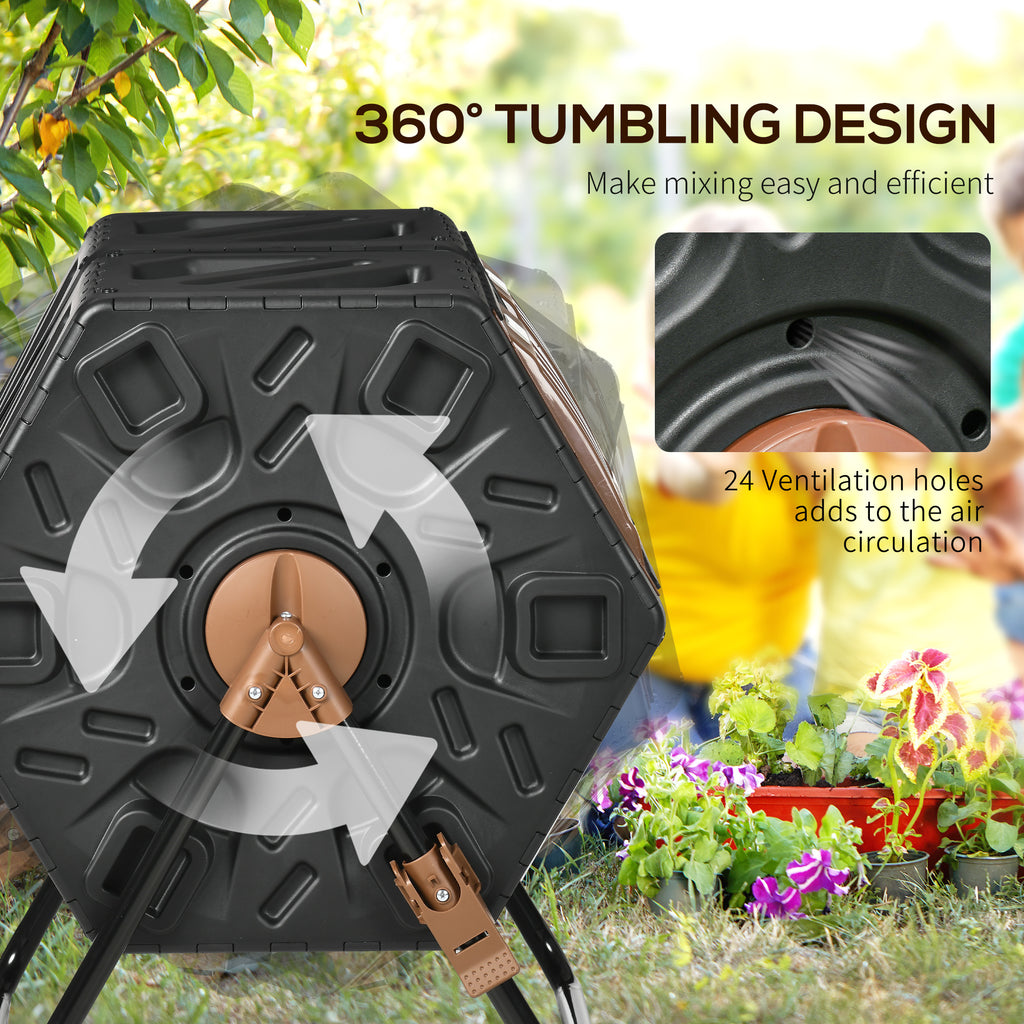 Rotating Composter, Dual Chamber Compost Bin with 24 Vents and Steel Legs, 34.5 Gallon, Brown