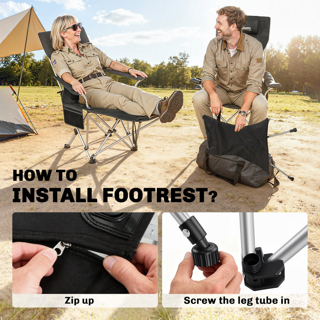 Set of 2 Reclining Camping Chair with Foot Rest, Folding Camping Chair w/ Headrest, Cup Holder, Storage Bag, Black