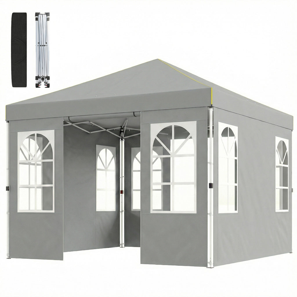 9.6 x 9.6 ft Pop Up Canopy Tent with 4 Sidewalls, UPF 50+ 1-Button Push Easy Setup Outdoor Instant Canopy, Light Grey