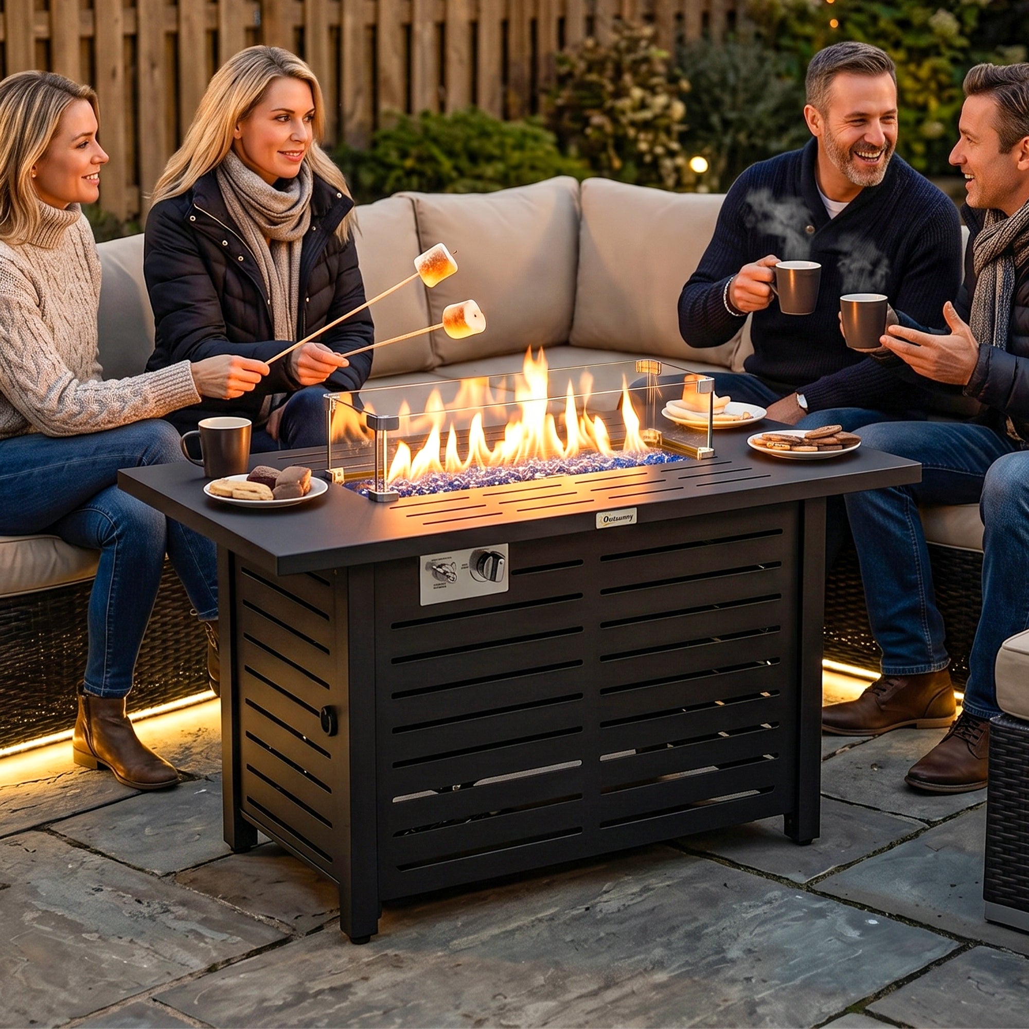 Propane Gas Fire Pit Table, Outdoor Firepit with 43" Steel Tabletop and Lid, 50,000 BTU Pulse Ignition Fire Table w/ Stainless Steel Burner, Glass Wind Guard, and Cover