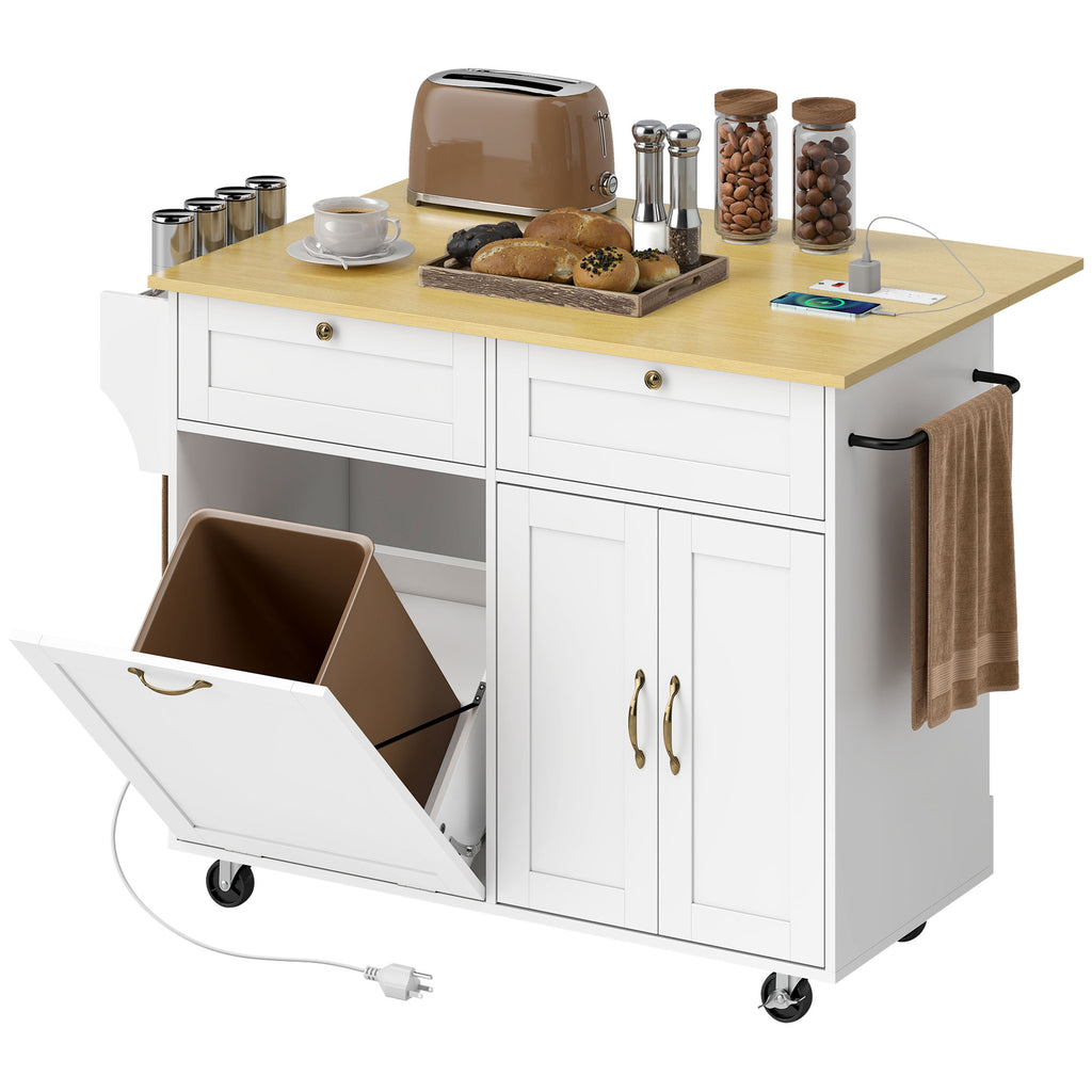 Kitchen Island Cart with Charging Station and Drop Leaf, Kitchen Island Table on Wheels with Trash Can Cabinet, White