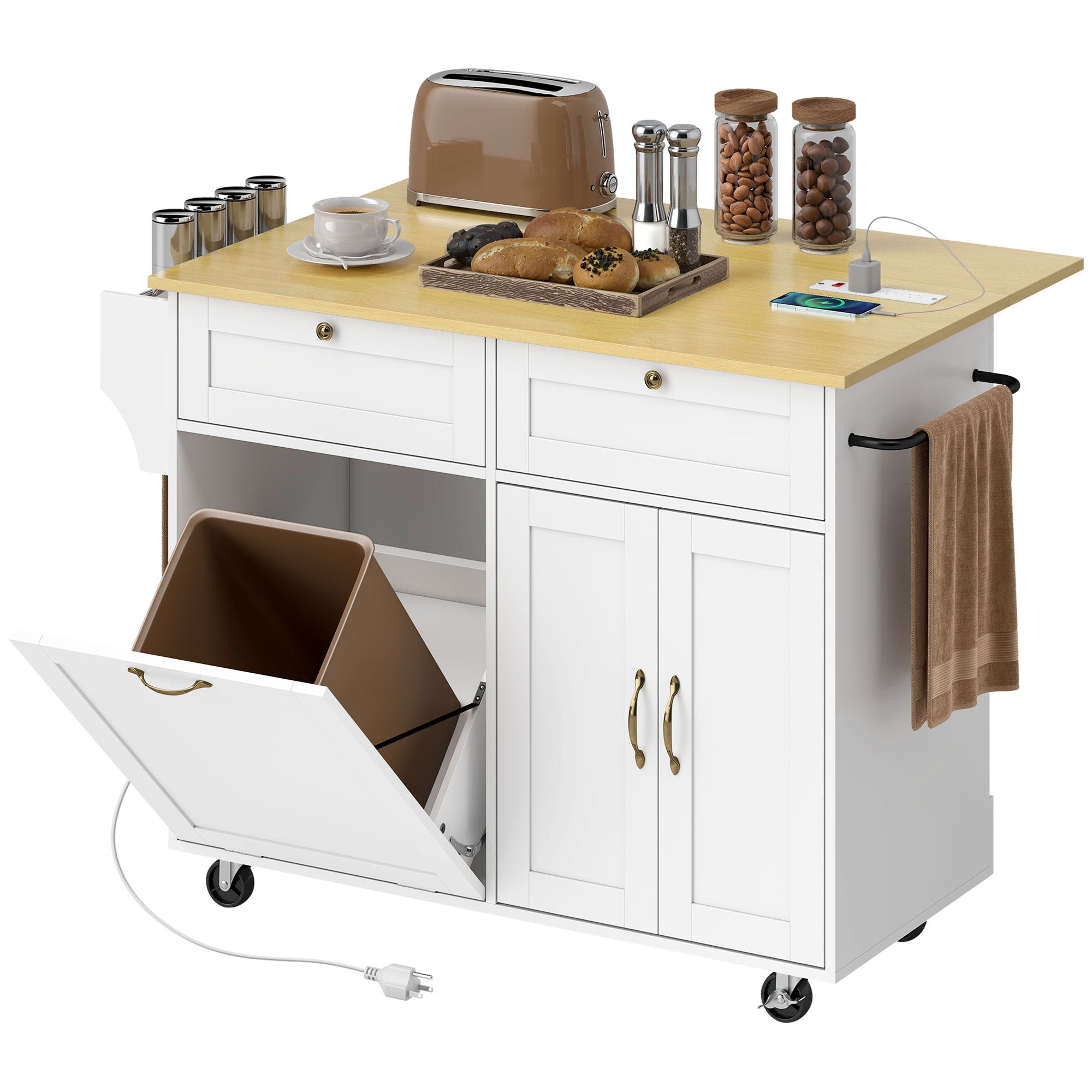 Kitchen Island Cart with Charging Station and Drop Leaf, Kitchen Island Table on Wheels with Trash Can Cabinet, White