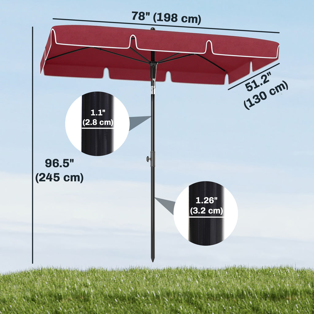 6.5x4ft Rectangle Patio Umbrella Aluminum Tilt Adjustable Garden Parasol Sun Shade Outdoor Canopy Red
