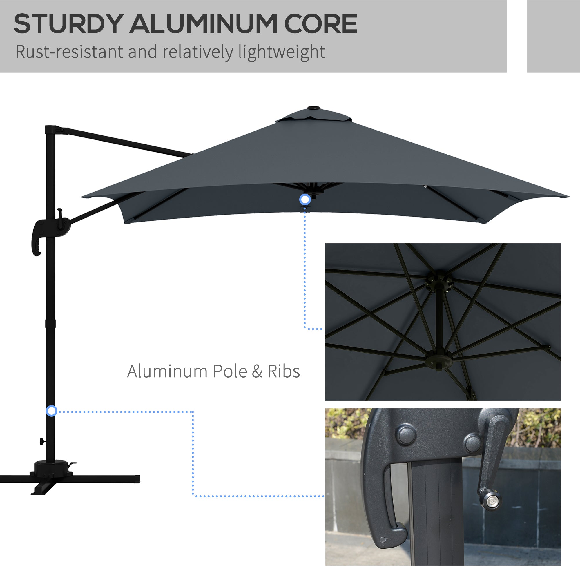10x10ft Cantilever Umbrella Rotatable Square Market Parasol, 4 Adjustable Angle for Outdoor Backyard Patio Dark Grey