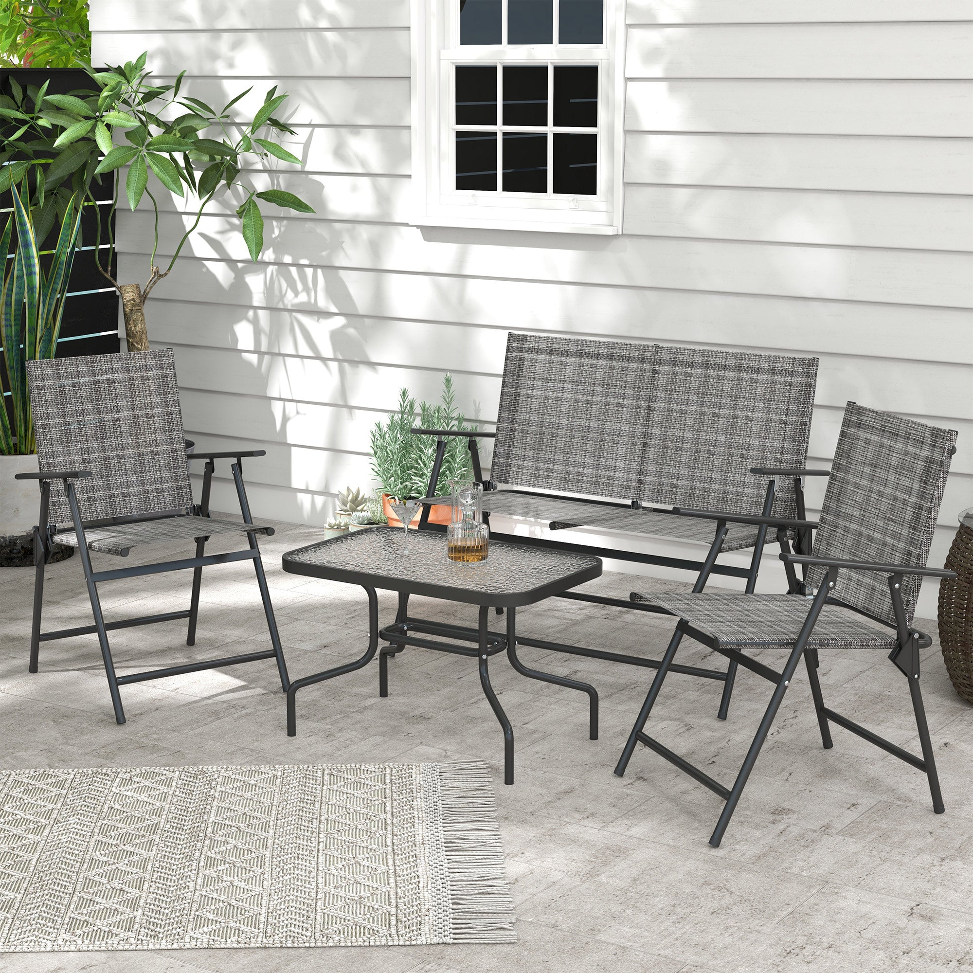 OutdoorÂ 4 Pieces Patio Furniture Set,Â Garden Set with Two Foldable Armchairs, a Loveseat &Â GlassÂ TopÂ Table, Mixed Grey