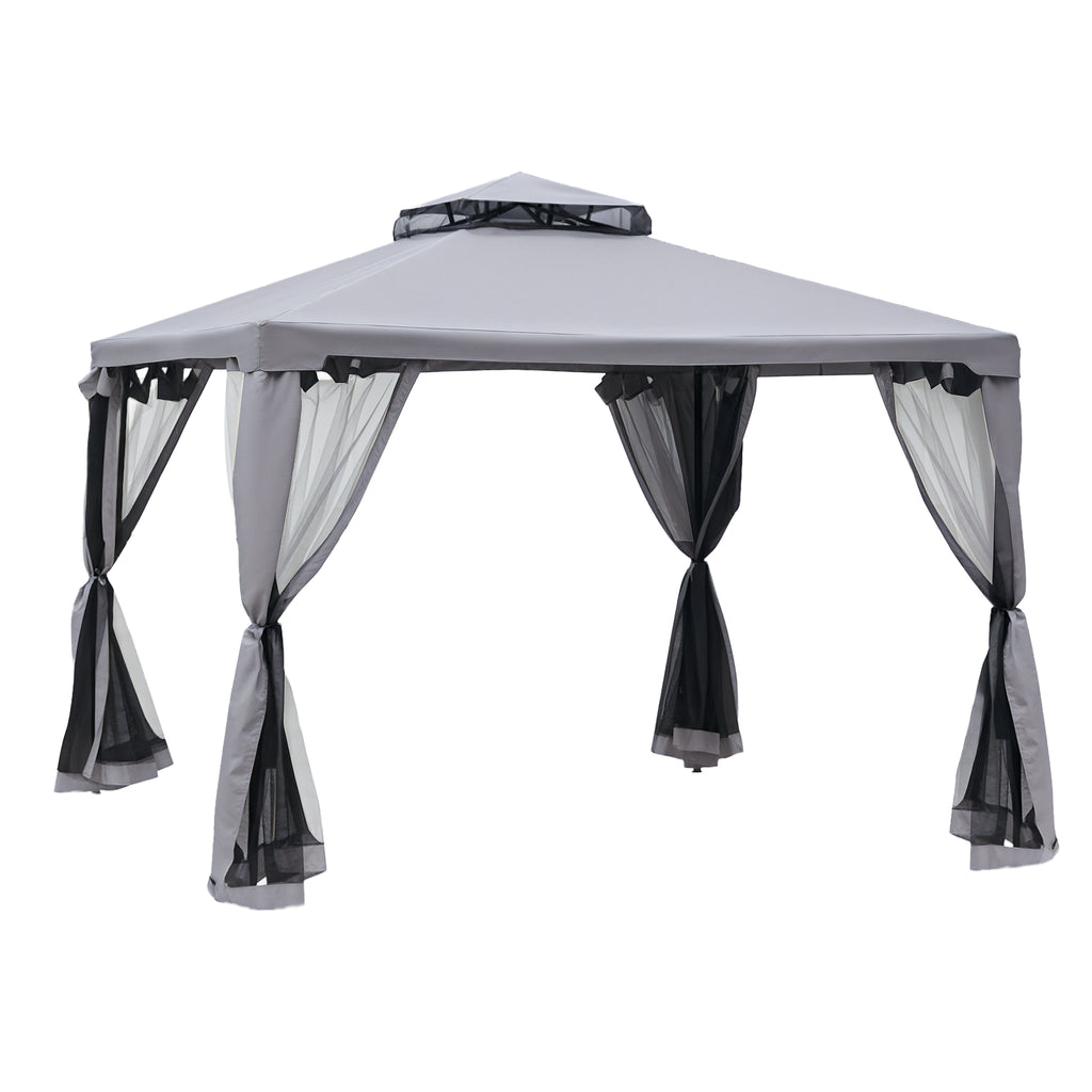 10' x 10' Patio Gazebo Pavilion, 2-Tier Roof Canopy Outdoor Event Tent with Steel Frame and Mosquito Netting for Garden, Yard and Sun Shade Use, Grey