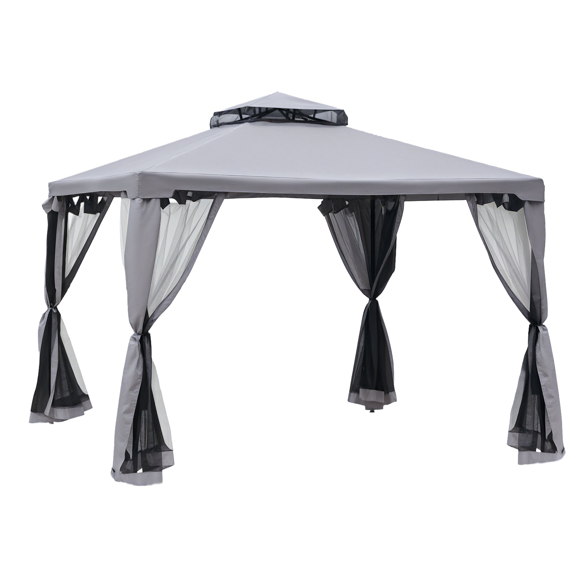 10' x 10' Patio Gazebo Pavilion, 2-Tier Roof Canopy Outdoor Event Tent with Steel Frame and Mosquito Netting for Garden, Yard and Sun Shade Use, Grey
