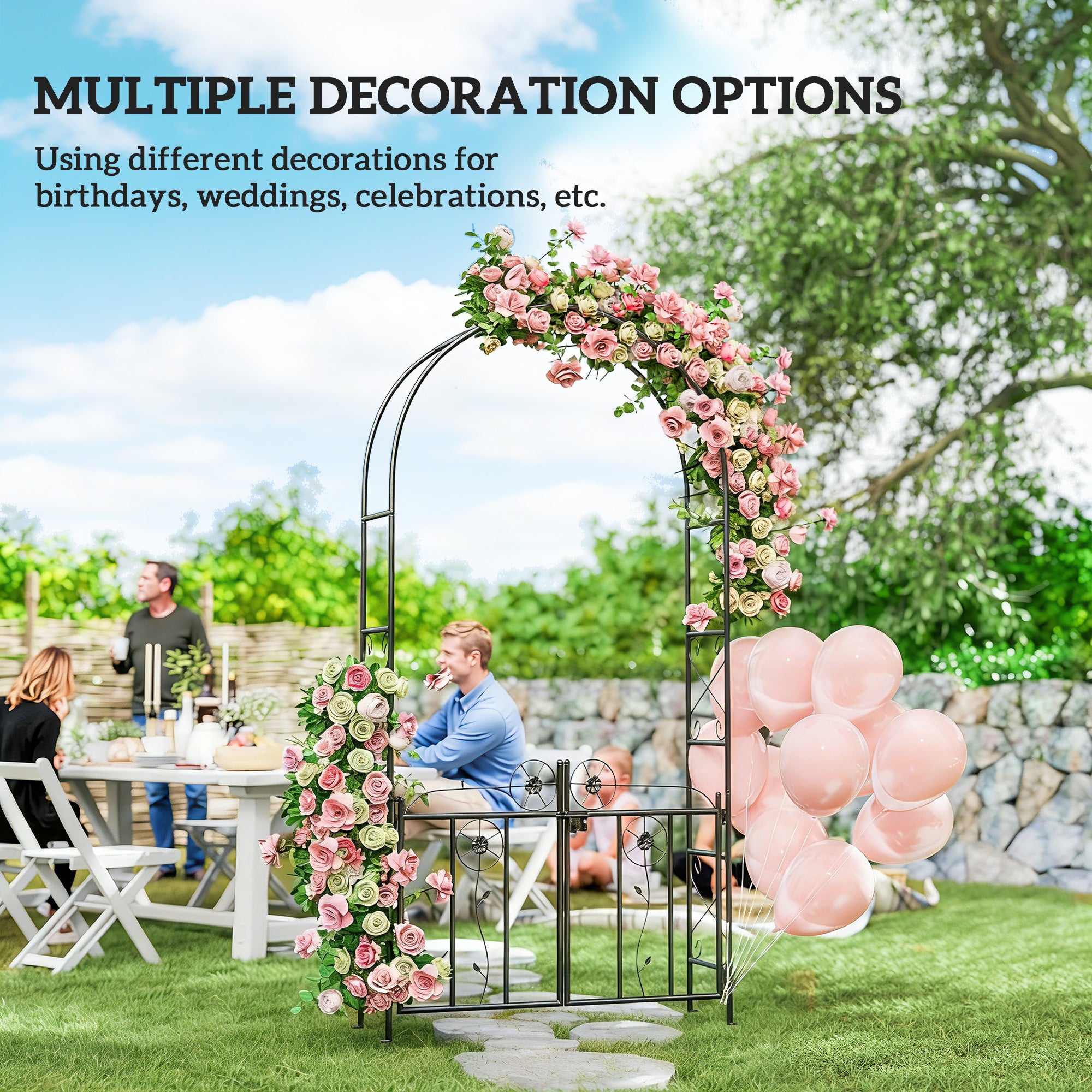 7.4 ft Garden Arch, Outdoor Trellis Arbor with Gate for Climbing Plants, Wedding Arch, Black