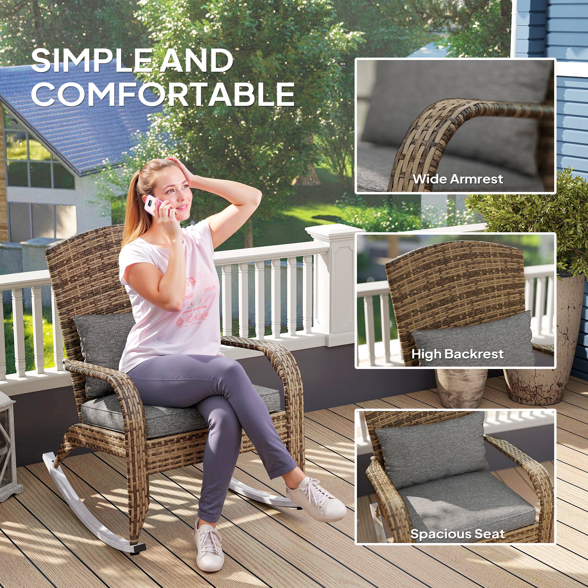 Adirondack Chair, Outdoor Wicker Rocking Chair with High Back, Seat Cushion and Pillow for Porch, Balcony, Grey/Yellow