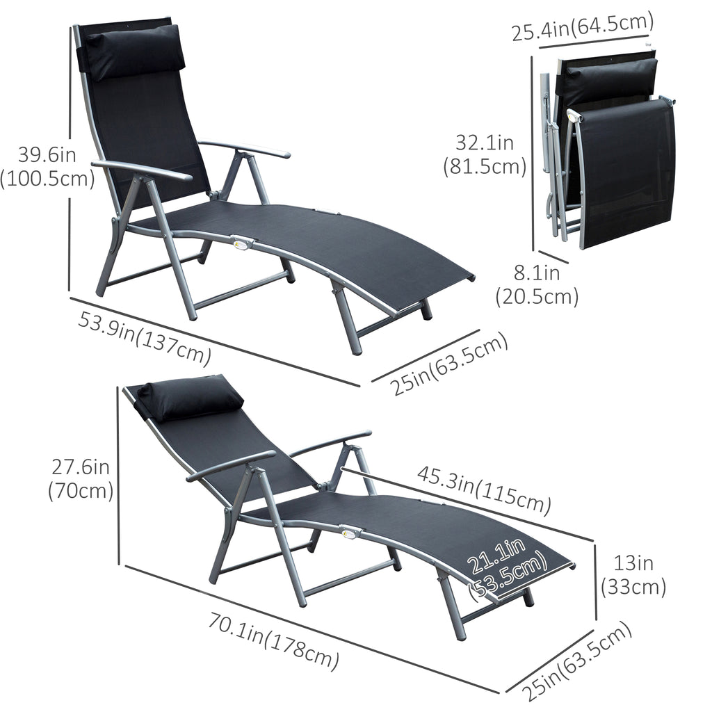 Heavy-duty Adjustable Folding Reclining Chair Outdoor Sun Lounger Patio Chaise Lounge Garden Beach Gravity Lounge with Pillow, 7 Adjustable Backrest Positions, Black