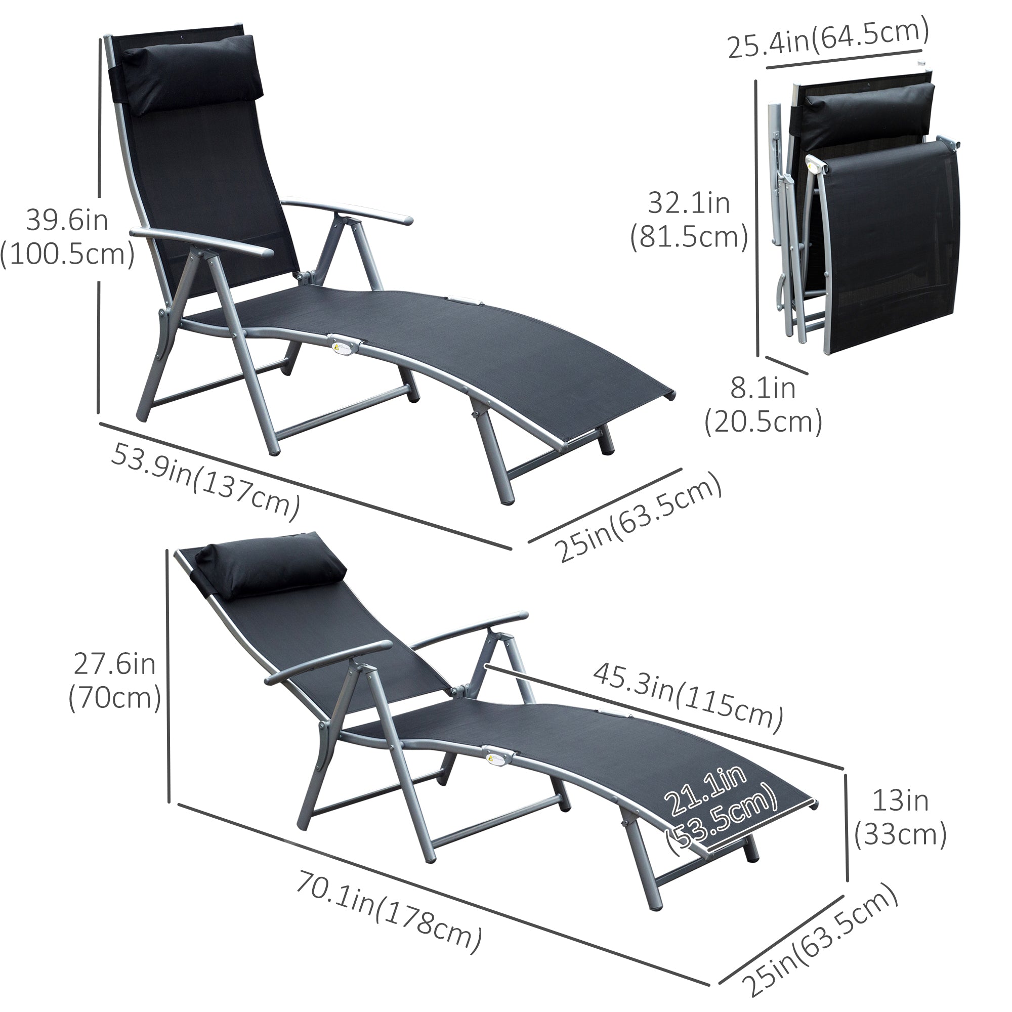 Heavy-duty Adjustable Folding Reclining Chair Outdoor Sun Lounger Patio Chaise Lounge Garden Beach Gravity Lounge with Pillow, 7 Adjustable Backrest Positions, Black