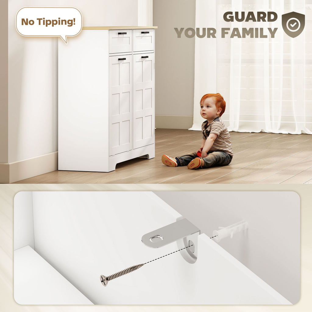13 Gallon Tilt Out Garbage Cabinet, Kitchen Island with Trash Cabinet, 2 Drawers, Door Racks, Adjustable Shelves, White
