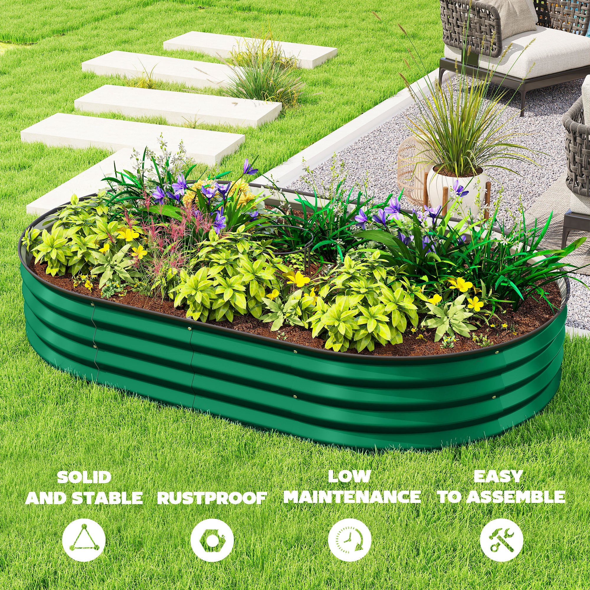 5' x 3' x 1' Large Outdoor Planter Box, Galvanized Raised Garden Bed with Metal Plant Stake, Green