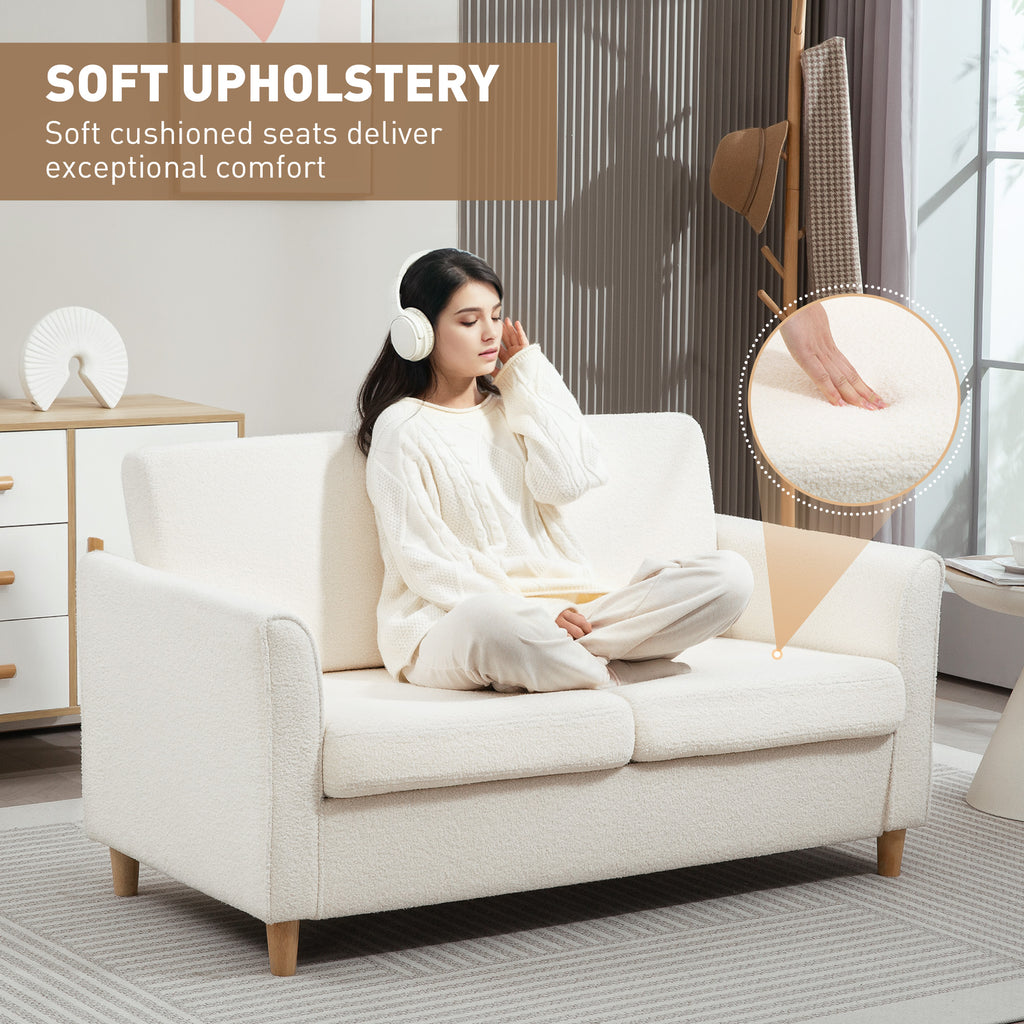 2-Seat Sofa Two-Seater Couch with Armrests and Wood Legs for Living Room, Bedroom, Cream White