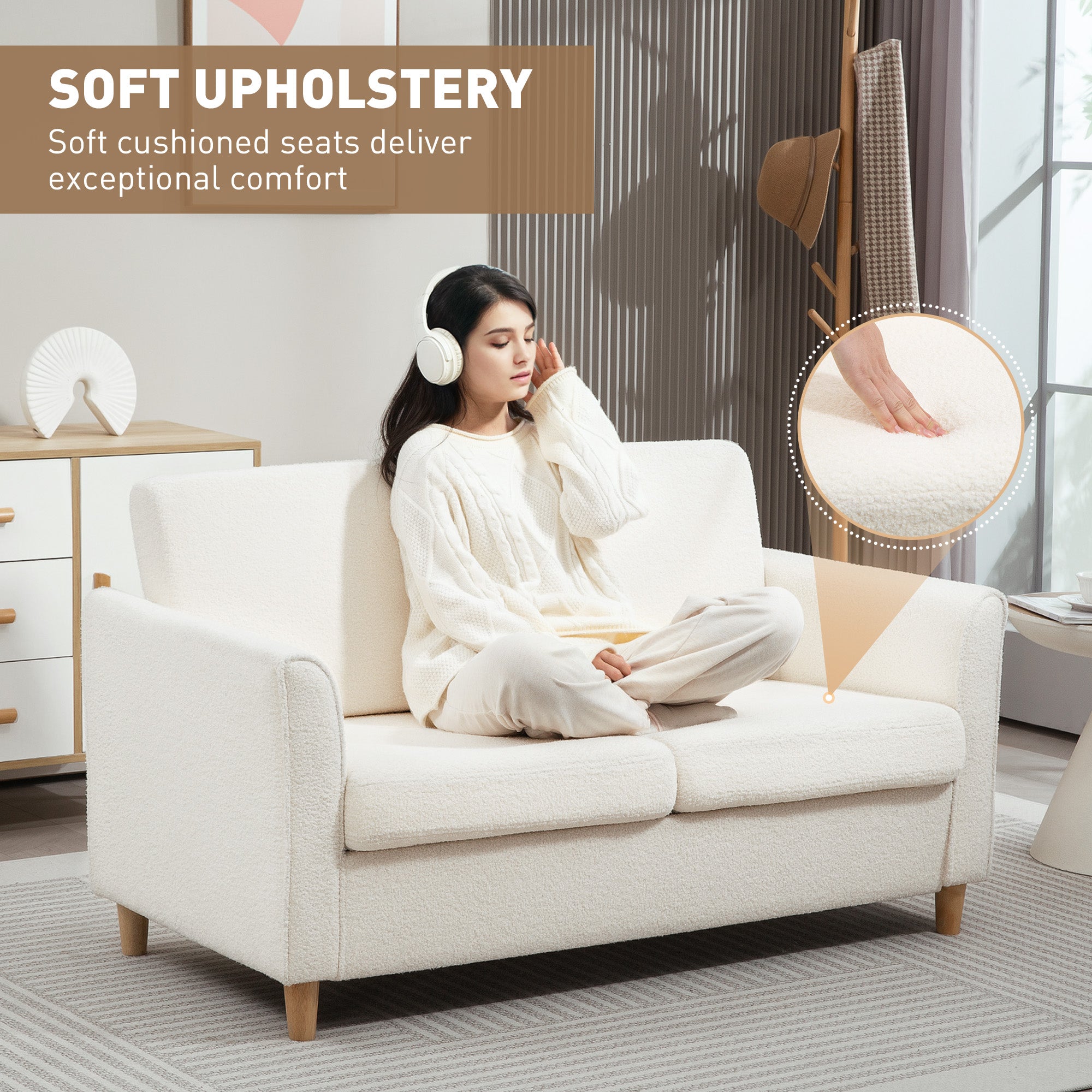 2-Seat Sofa Two-Seater Couch with Armrests and Wood Legs for Living Room, Bedroom, Cream White