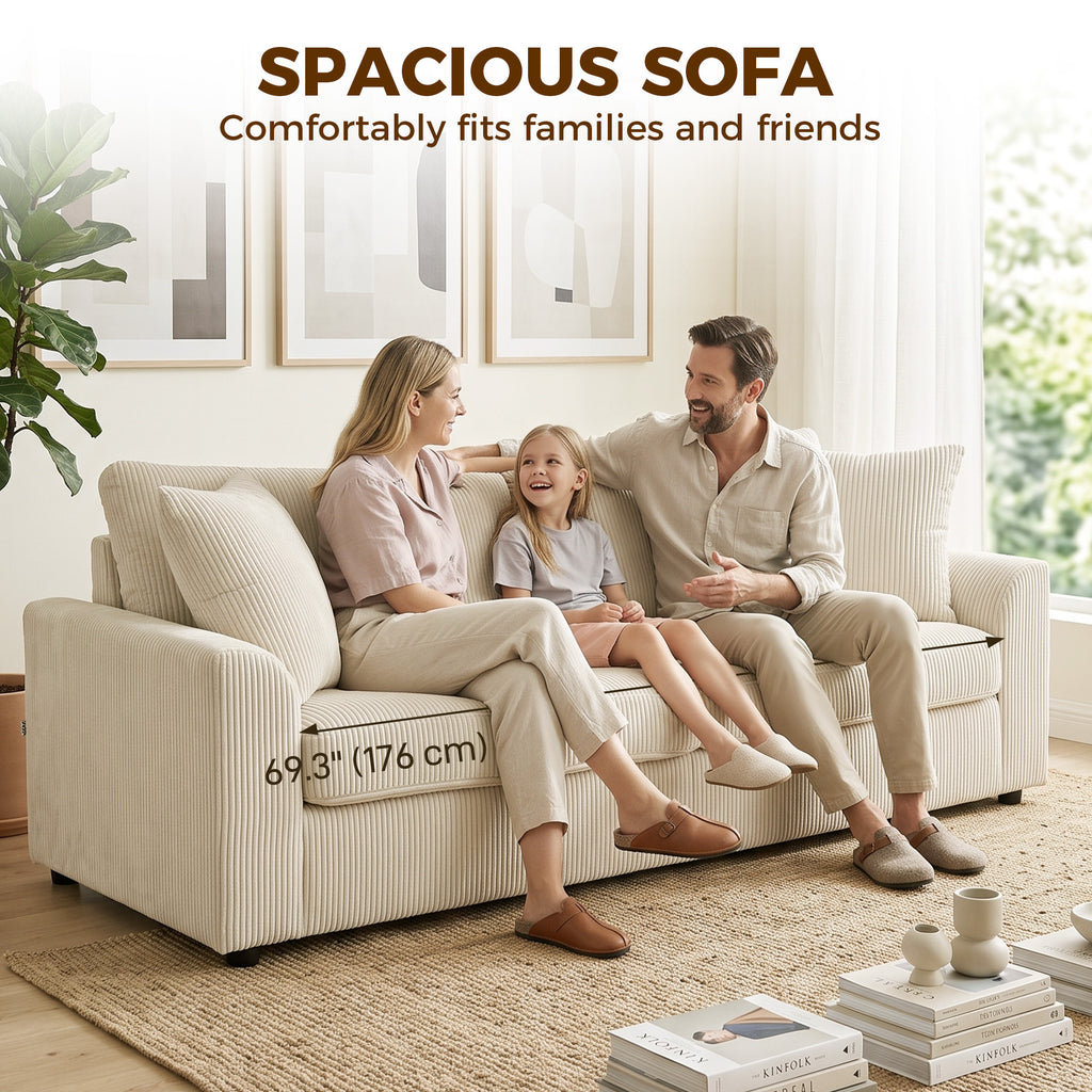 3 Seater Sofa, 83.5" Modern Upholstered Couch with Pocket Spring and 2 Scatter Cushions for Living Room, Cream White